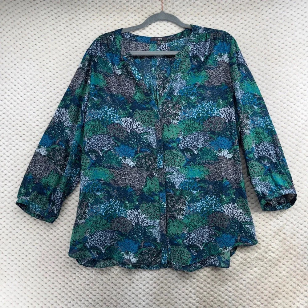 NYDJ Blouse Women XL Blue Green Abstract Botanical 3/4 Sleeve V-Neck S1F0537